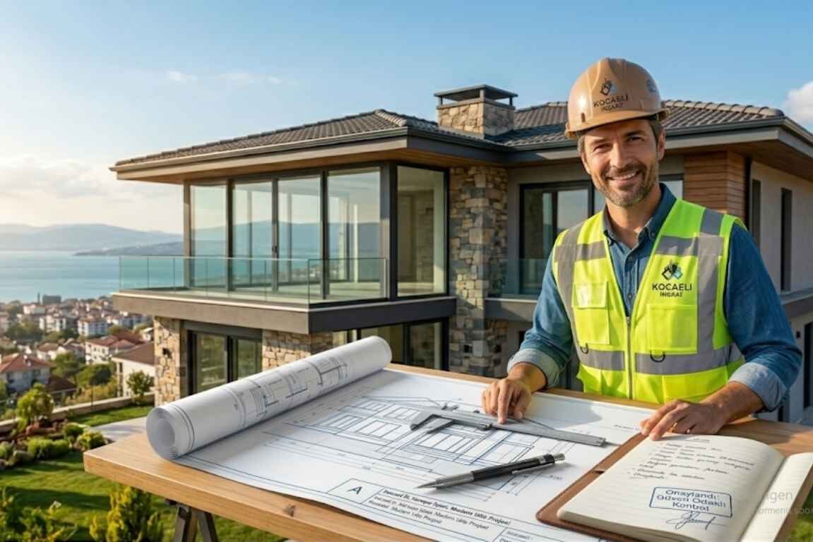Kocaeli güvenilir inşaat firmaları ekibinden lüks villa projesi önünde saha planlaması yapan mühendis.