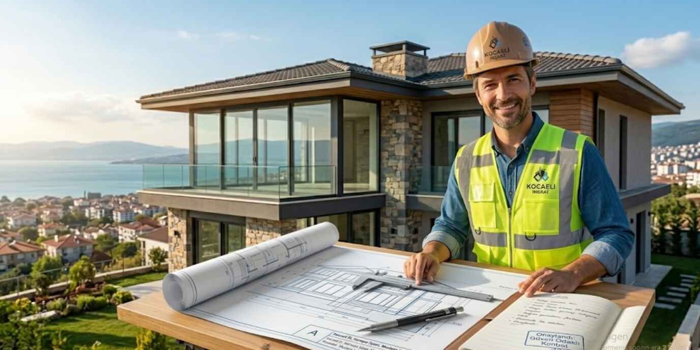 Kocaeli güvenilir inşaat firmaları ekibinden lüks villa projesi önünde saha planlaması yapan mühendis.