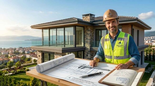 Kocaeli güvenilir inşaat firmaları ekibinden lüks villa projesi önünde saha planlaması yapan mühendis.