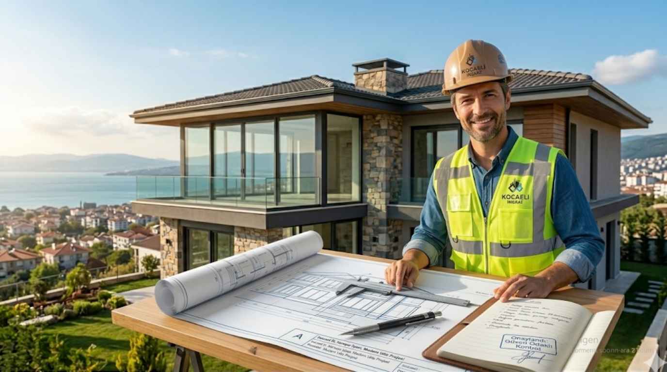 Kocaeli güvenilir inşaat firmaları ekibinden lüks villa projesi önünde saha planlaması yapan mühendis.