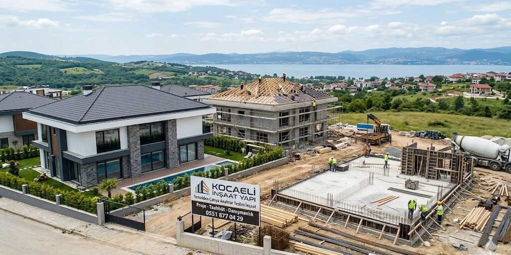 Kocaeli'de temelden çatıya inşaat projesi yürüten Kocaeli İnşaat Yapı firmasının şantiye alanı ve tamamlanmış lüks villa görseli.