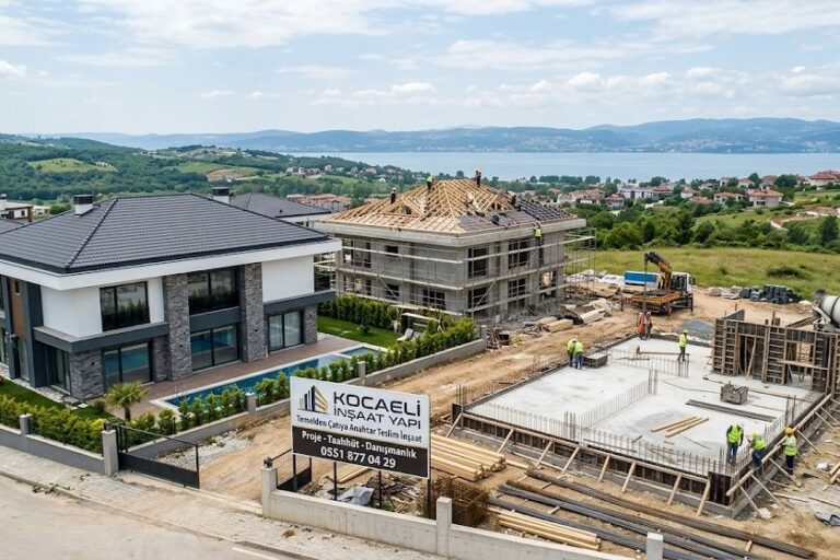 Kocaeli'de temelden çatıya inşaat projesi yürüten Kocaeli İnşaat Yapı firmasının şantiye alanı ve tamamlanmış lüks villa görseli.
