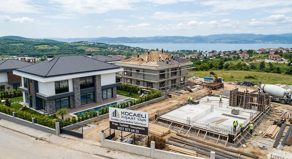 Kocaeli'de temelden çatıya inşaat projesi yürüten Kocaeli İnşaat Yapı firmasının şantiye alanı ve tamamlanmış lüks villa görseli.