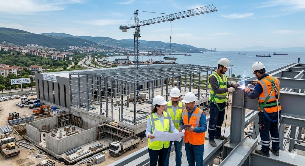 Kocaeli inşaat yapı profesyonel ekibi, endüstriyel tesis ve ticari yapı inşaatı şantiyesinde teknik planlama yaparken.