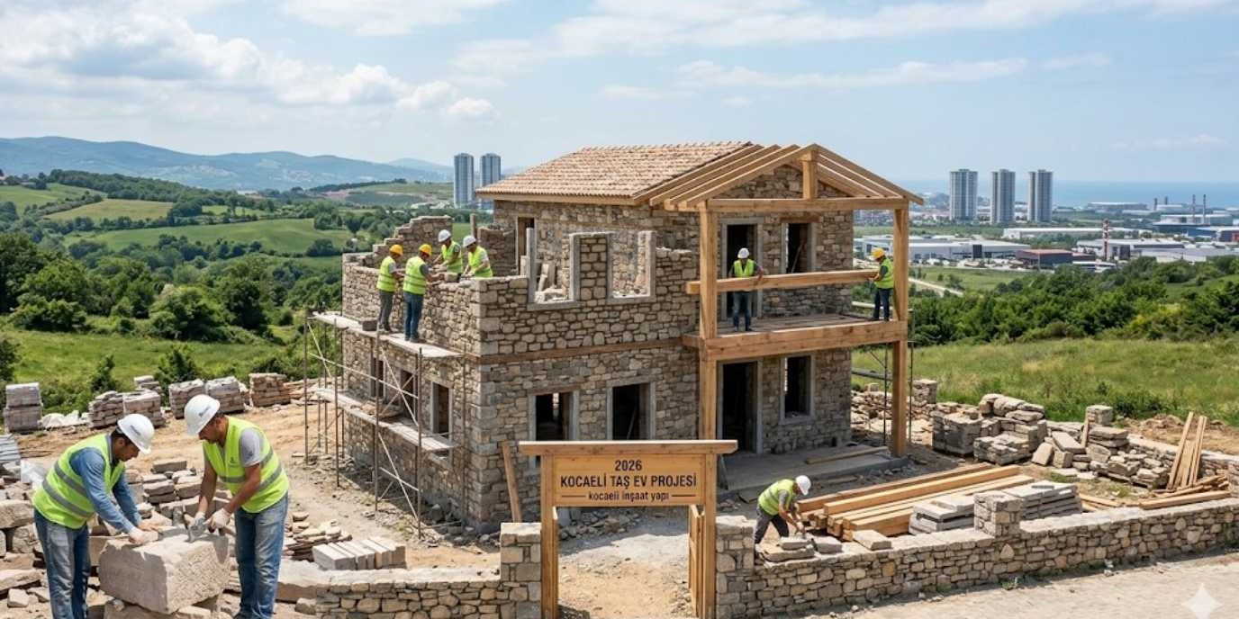 Kocaeli doğal taş ev yapımı şantiye sahası geleneksel yığma taş duvar örgü işçiliği