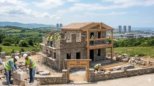 Kocaeli doğal taş ev yapımı şantiye sahası geleneksel yığma taş duvar örgü işçiliği