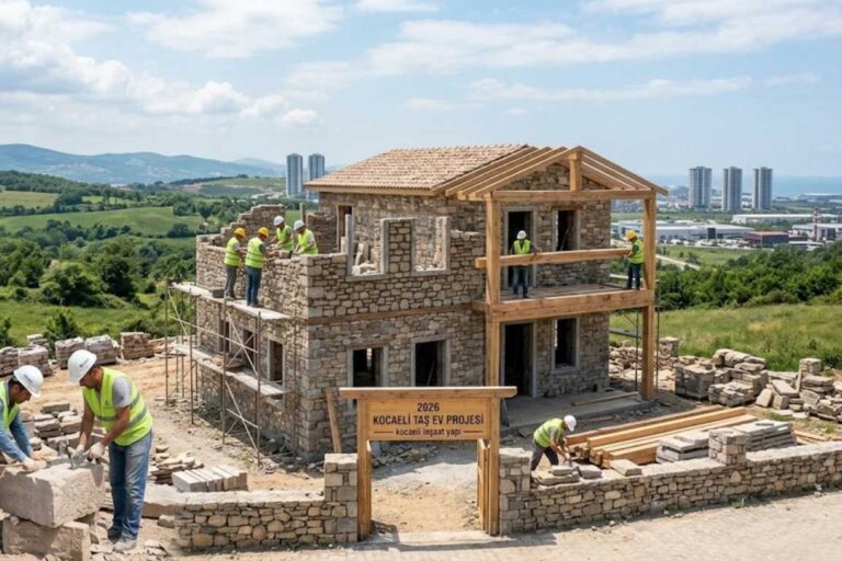 Kocaeli doğal taş ev yapımı şantiye sahası geleneksel yığma taş duvar örgü işçiliği