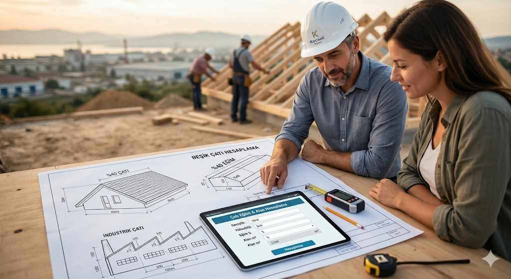 Kocaeli İnşaat profesyonel çatı eğimi ve alan hesaplama formu teknik analiz görseli.