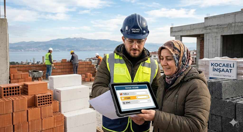 Kocaeli İnşaat mühendisi, şantiyede mülk sahibiyle birlikte tablet üzerinden duvar, ytong ve bims hesabı yapıyor