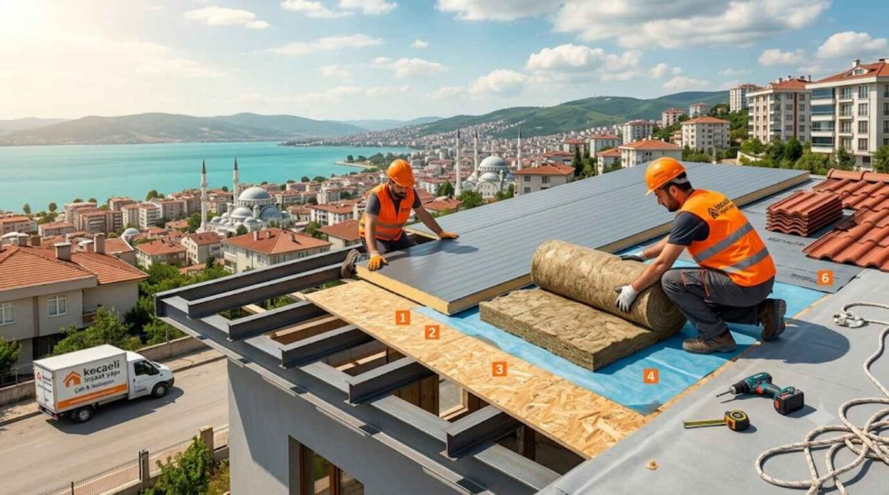 Kocaeli çatı yapımı ve izolasyon projesinde çelik karkas üzeri taşyünü yalıtım uygulaması yapan Kocaeli İnşaat Yapı ekibi