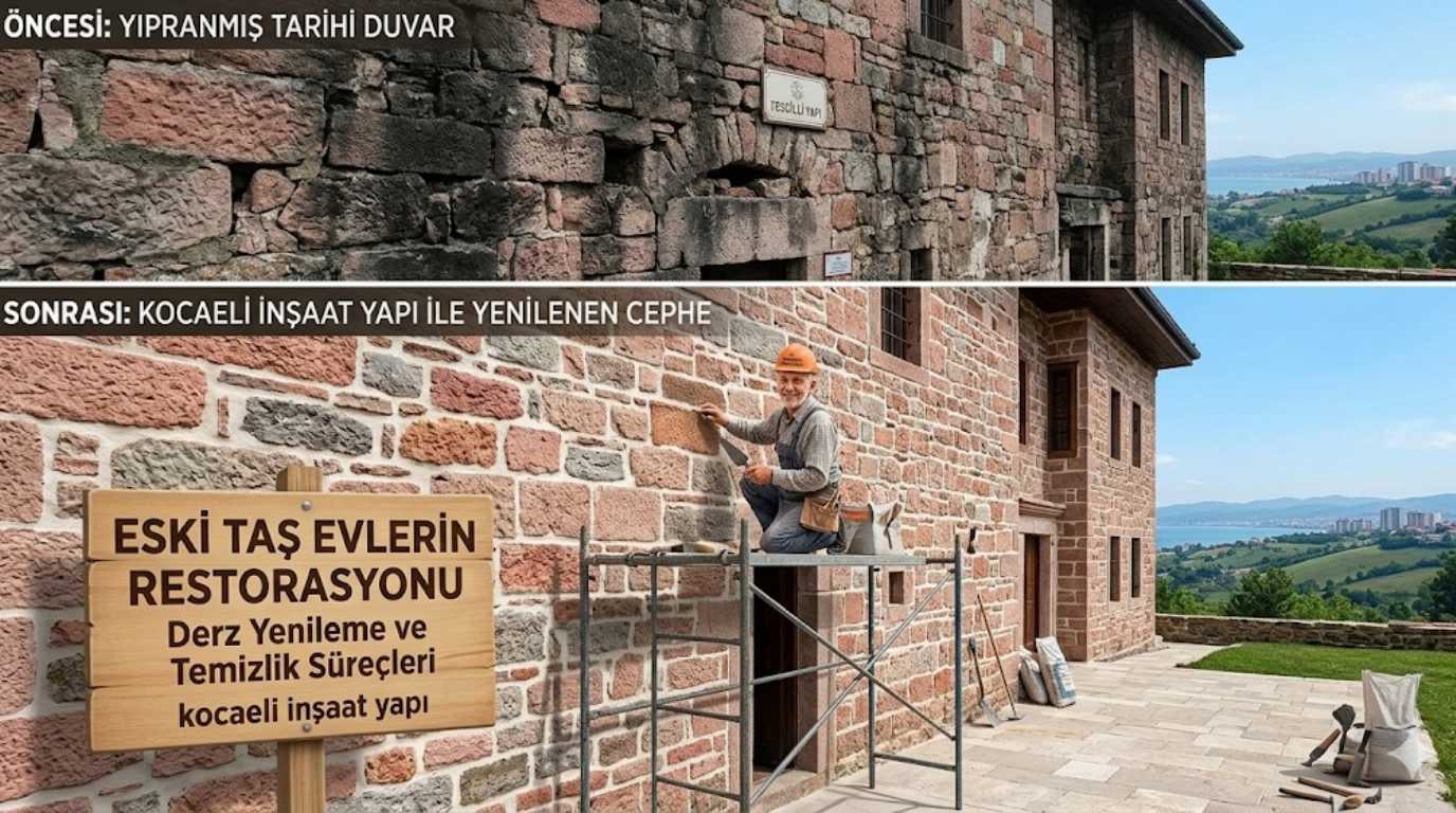 Eski taş evlerin restorasyonu derz yenileme ve temizlik süreçleri Kocaeli şantiyesi öncesi sonrası görünümü