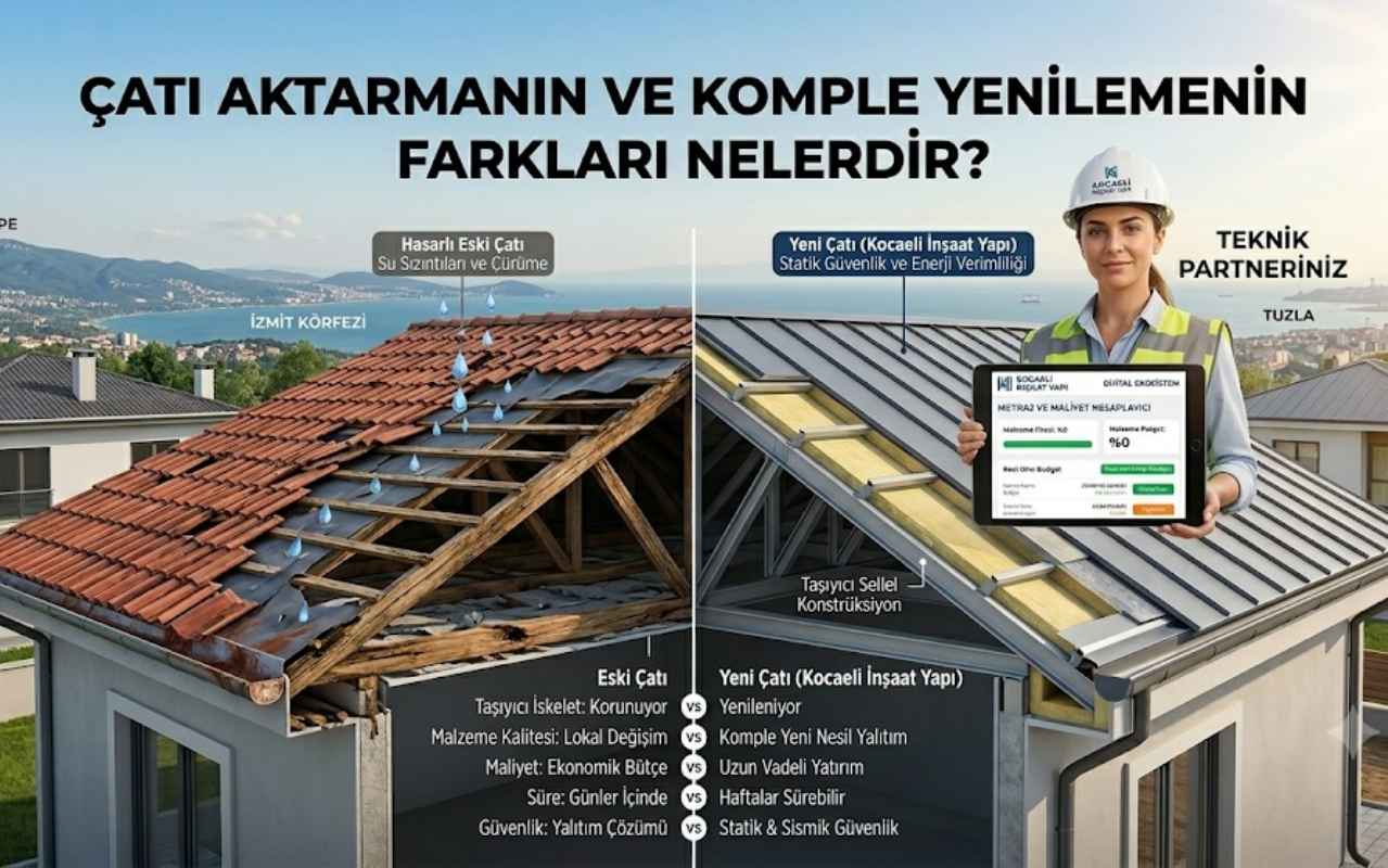 Kocaeli çatı aktarma ve komple çatı yenileme projeleri arasındaki yalıtım, maliyet ve taşıyıcı sistem farklarını gösteren teknik karşılaştırma.